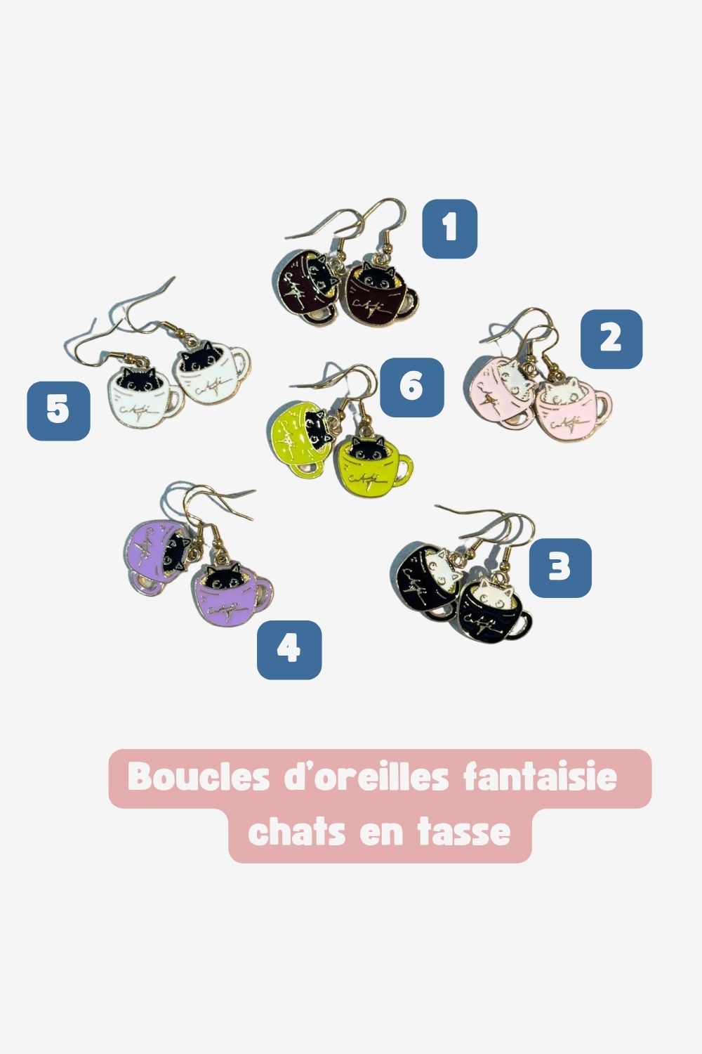 Boucles d'oreilles chat dans une tasse